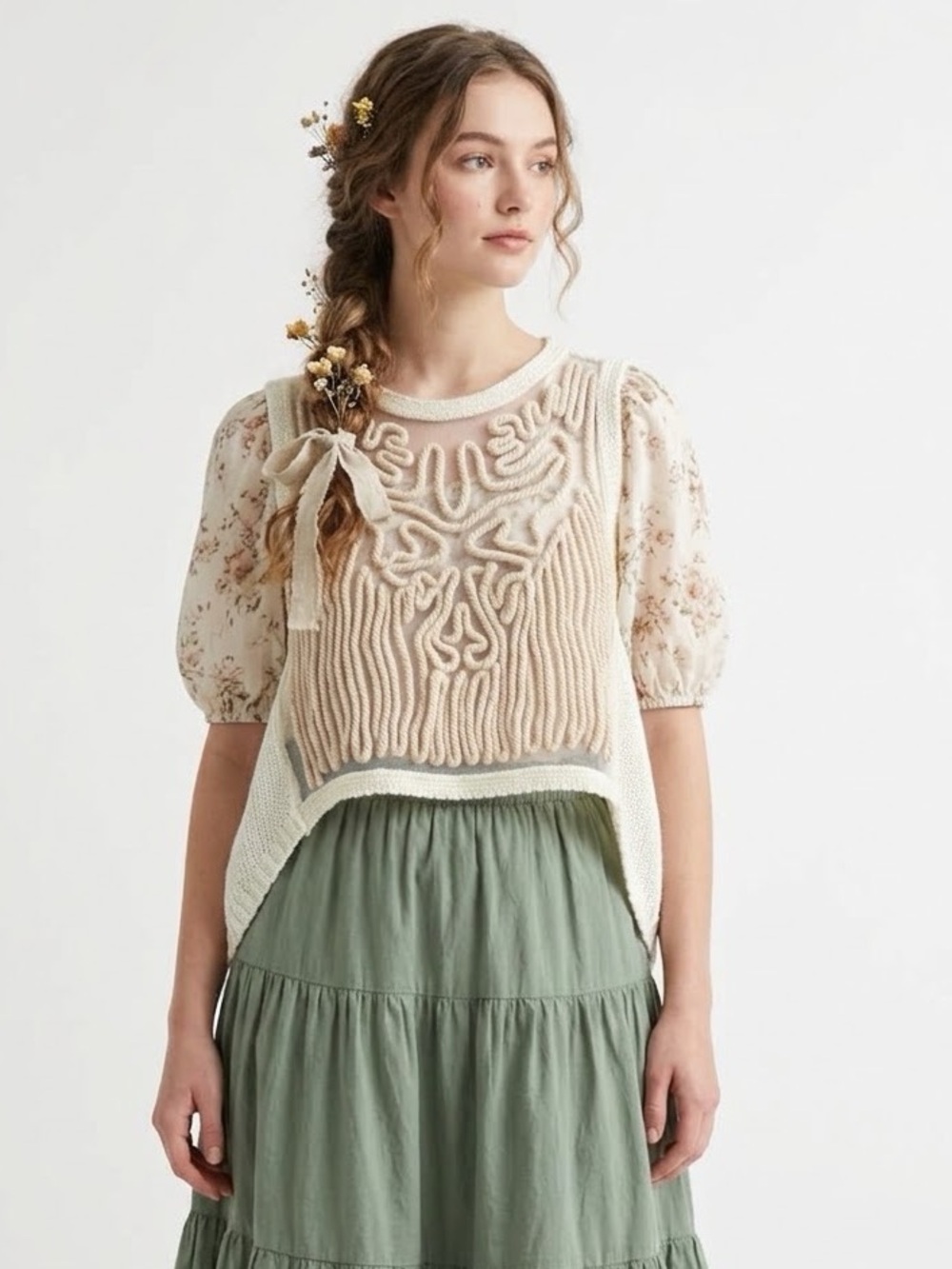 Boho Crochet Cottagecore Sweater Vest Embroidered Sheer Goblincore Earthy Hobbit